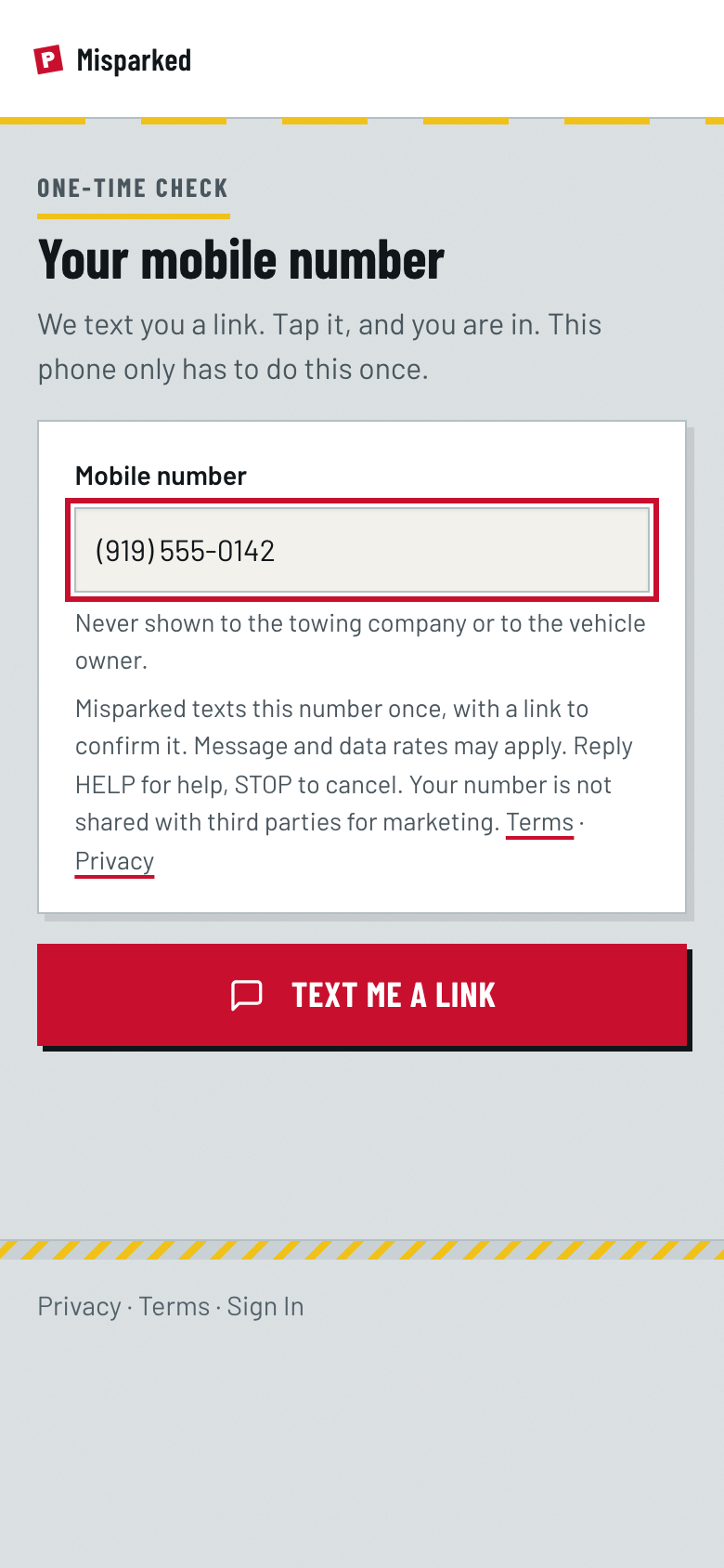 Screenshot of the Misparked number check on a phone: a Mobile number field, the texting disclosure with Terms and Privacy links under it, and a Text Me A Link button.