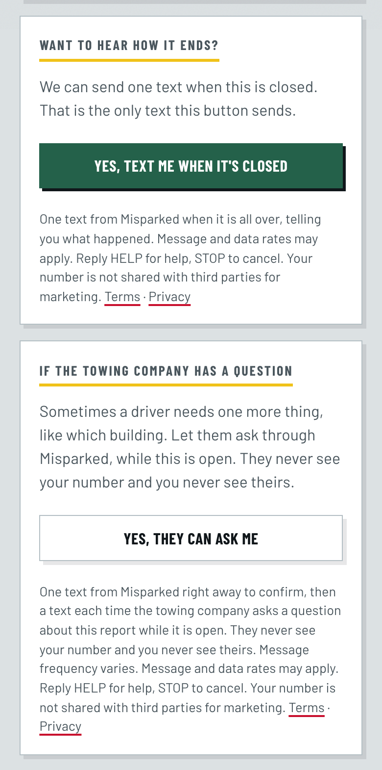 Screenshot of the Misparked page after a report, on a phone: a Yes, text me when it's closed button and a Yes, they can ask me button, each followed by its texting disclosure and Terms and Privacy links.